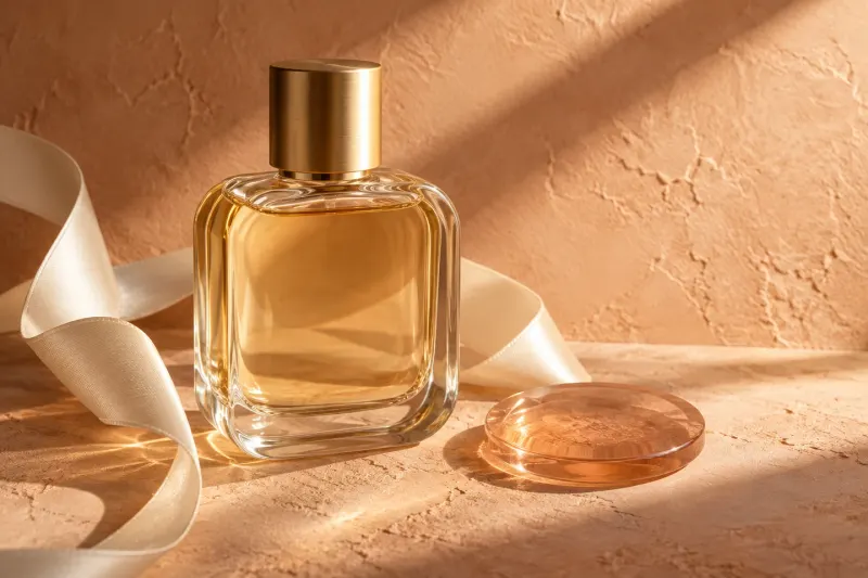زجاجة عطر مع شريط حريري في ضوء دافئ