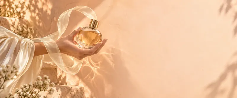 يد تحمل عطرًا عنبريًا بين ثنيات الحرير في ضوء المشمش الدافئ