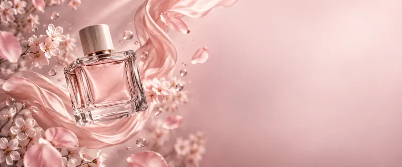 عطر وردي معلّق بين الحرير وأزهار الكرز وقطرات متلألئة